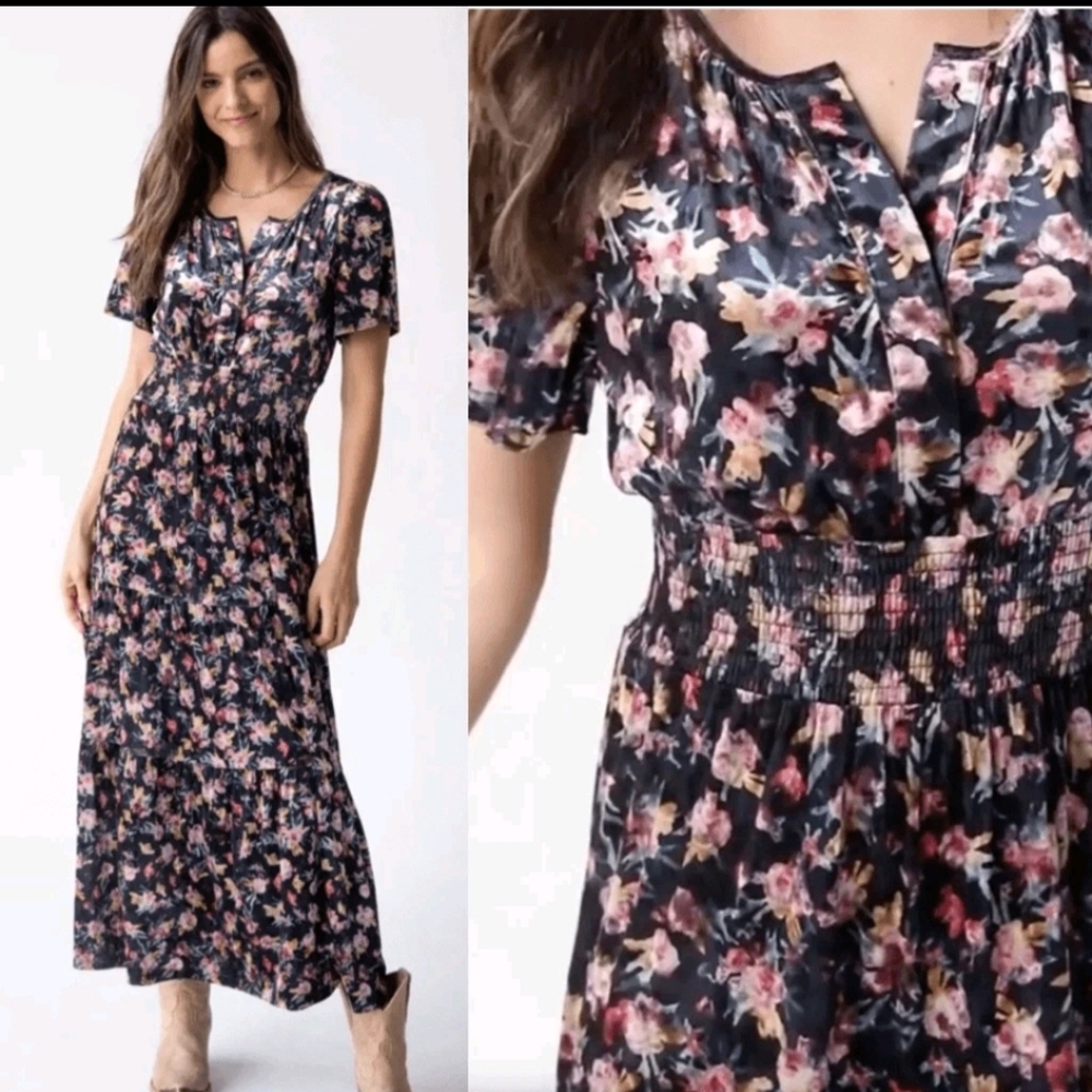 Floral Smocked Waist Maxi Dress - Black/Pink